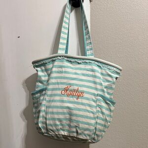 Thirty-One Kaitlyn Aqua and Cream Striped Shoulder Bag